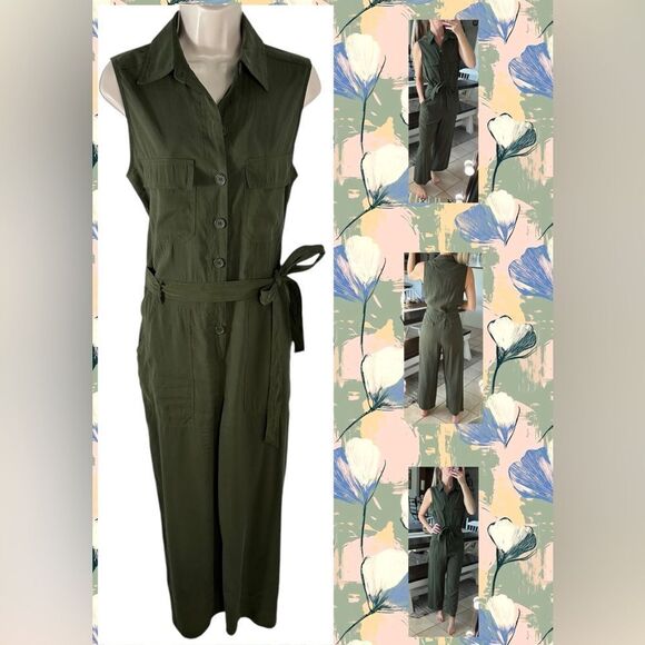 Max Studio Olive Green Button Down Sleeveless Ankle Jumpsuit - Picture 1 of 8